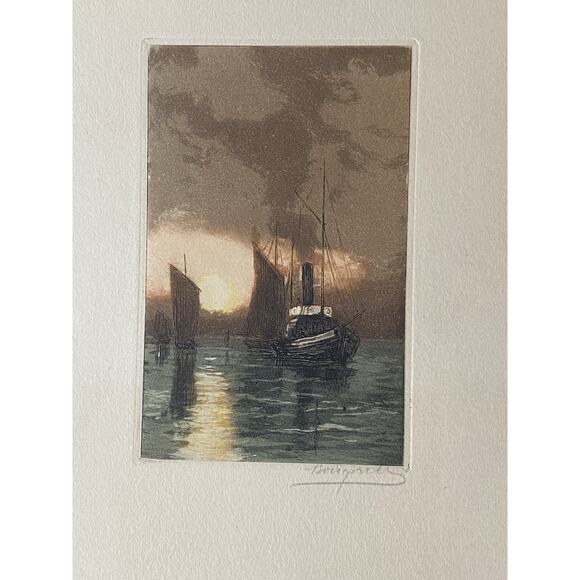 Huguet — Hand-Colored Aquatint Etchings, Twilight Fishing Boats (Pair) - Picture 2 of 15